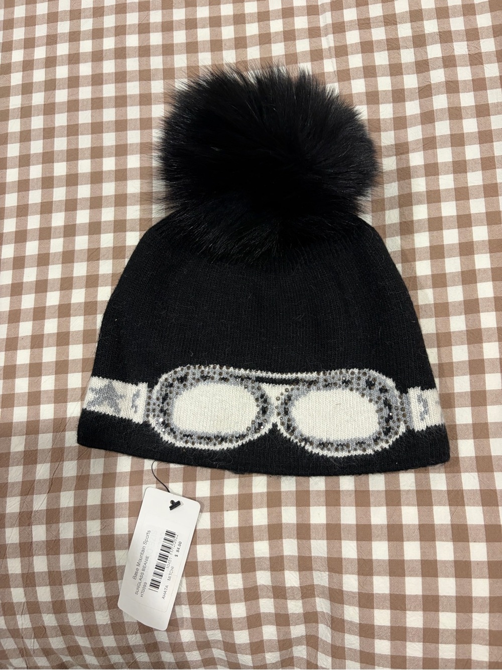 Women’s Black Pom Pom Beanie with Goggles Design
